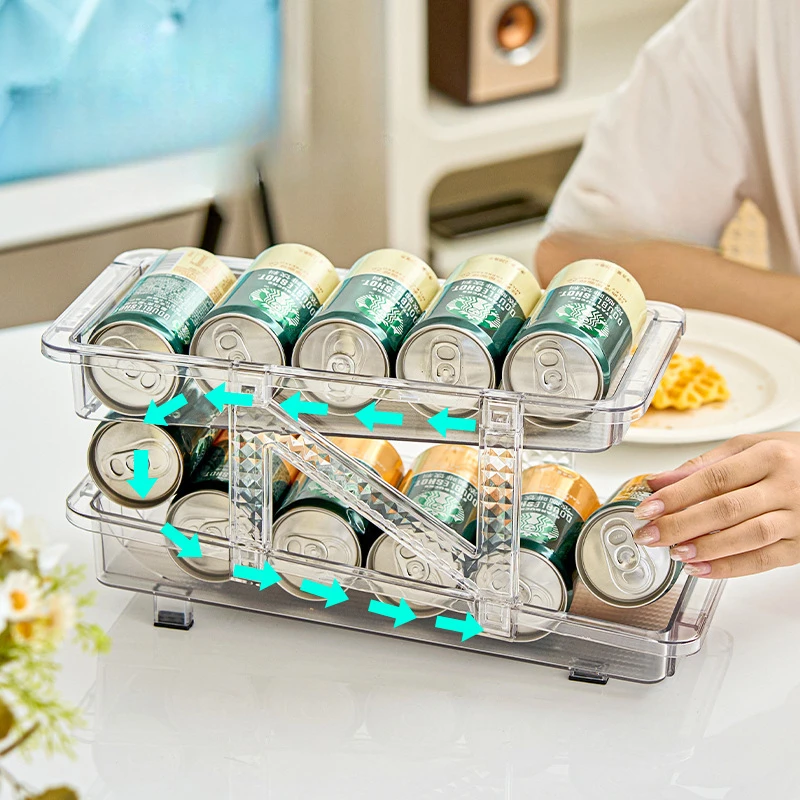 

2-Layer Beverage Can Organizer Refrigerator Automatic Rolling Beer Storage Box Stackable Fridge Can Drink Dispenser Holder New