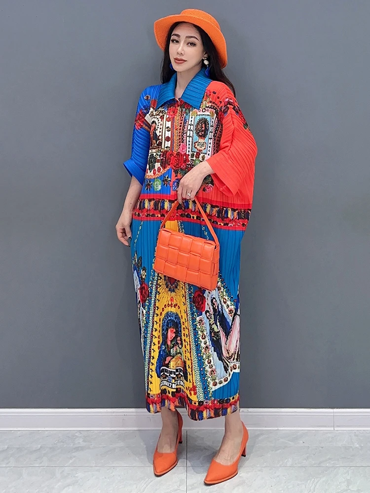 SHENGPALAE Draped Print Dress For Women Contrast Color Elegance Lapel Three Quarter Sleeve A-line Vestido Spring 2024 New 5R9284