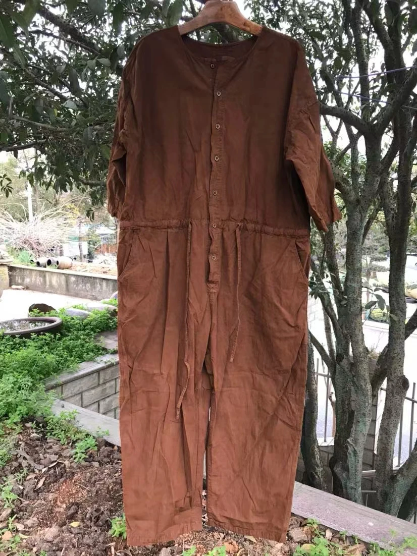 

Original Design Ancient Mud Yam Dyeing One-Piece Suit Cotton Straight Leg mid Waist Nine Points for Women Autumn Faion