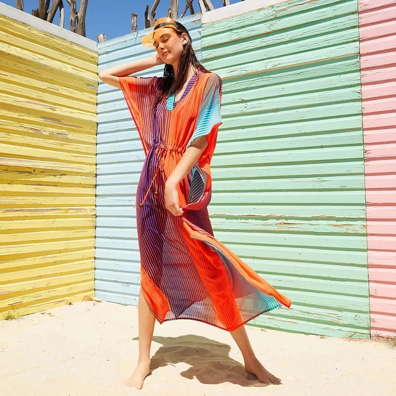 Neon Rainbow Color Striped Maxi Dress Women Vestidos V-Neck Boho Summer Kaftan Fit Waist Contrast illusion Fancy Beach Cover Ups