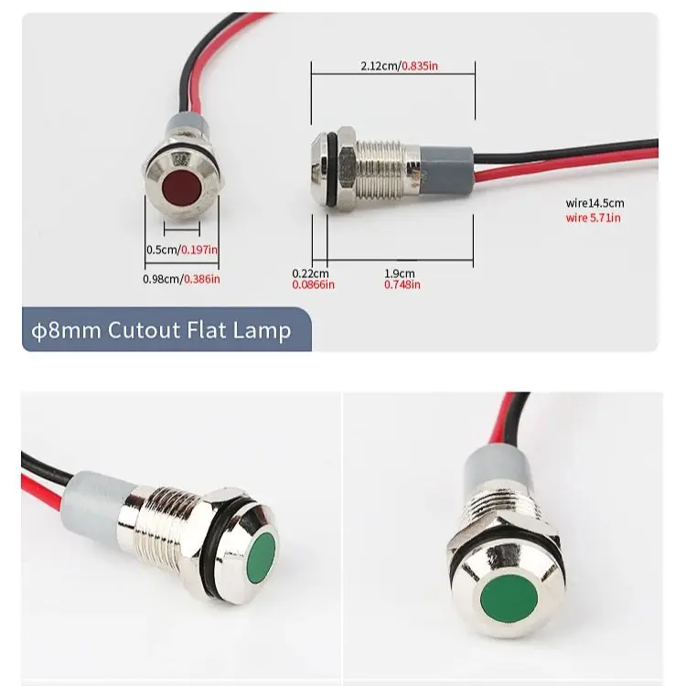 VaneAims 5PCS 8mm LED Indicatore in metallo Impermeabile Piccolo piatto LED Montaggio a pannello Luce di segnalazione 3-6V 12-24V Rosso Giallo Blu Verde Bianco
