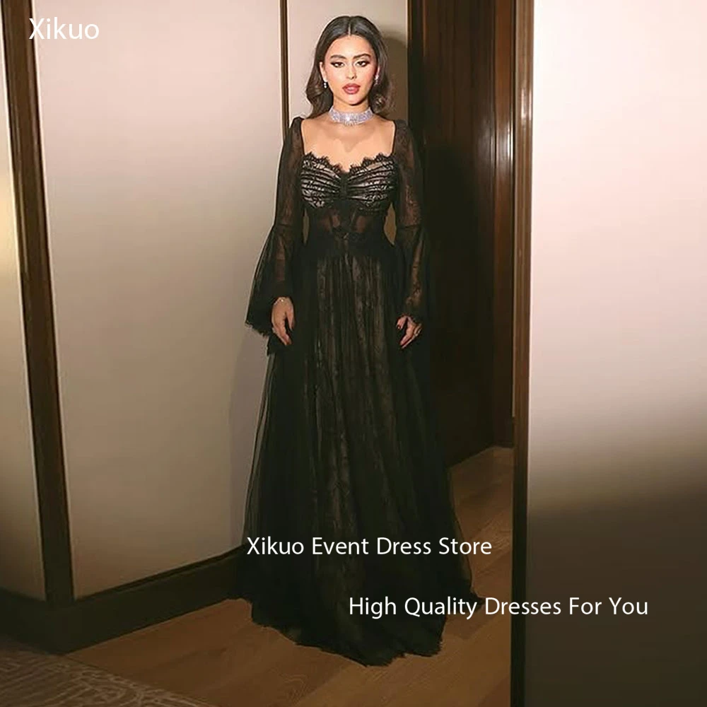 Xikuo Graceful Black Lace Evening Gowns A Line Long Sleeves Robe Cocktail Femmes Illusion Pleated Party Prom Dresses Customized