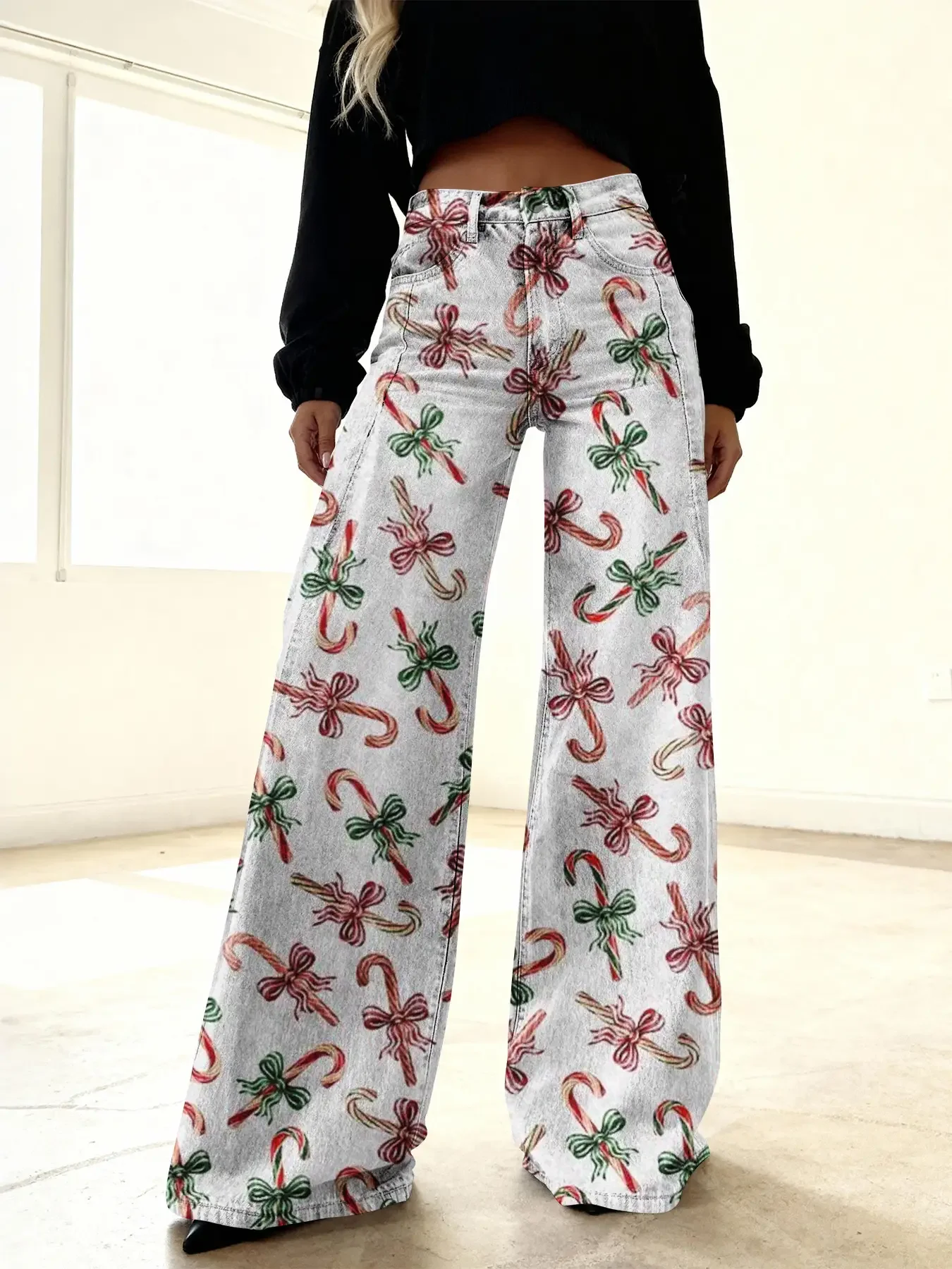Women's imitation denim printed high waisted flared pants, sweet and cute, Loose leg shape makes you look slimmer