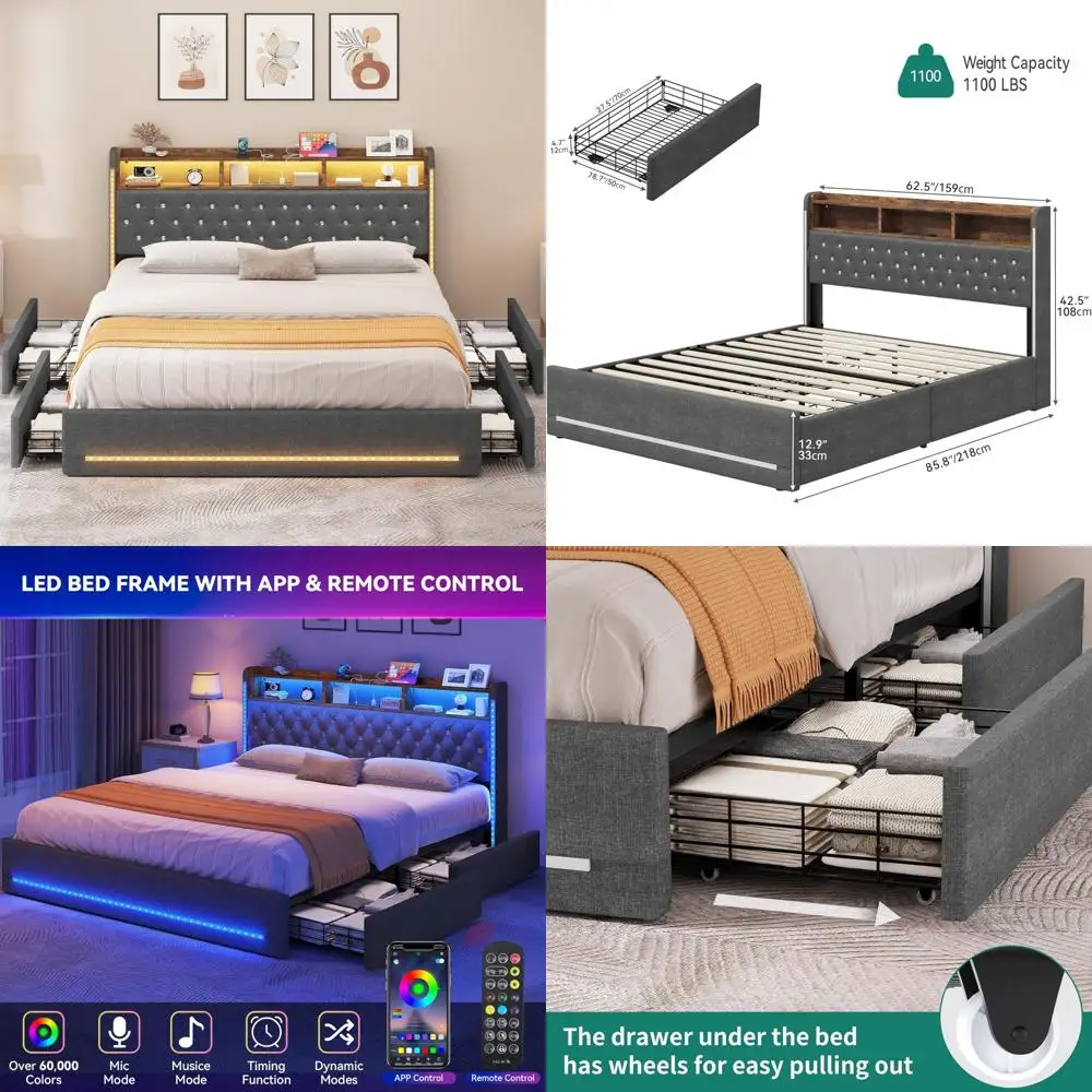 Marco de cama con almacenaje tamaño Queen con iluminación LED, cabecero capitoné con botones y diseño tapizado