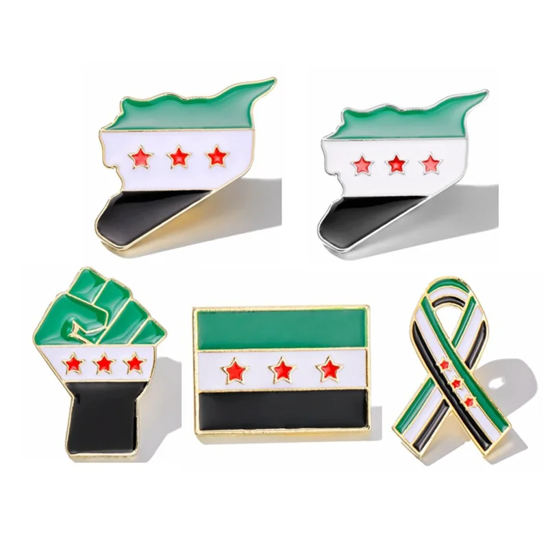 Syrian Map Flag National Emblem Brooches for Men Women Fashion Time Gemstone Metal Enamel Fluttering Badges Lapel Pins Gifts