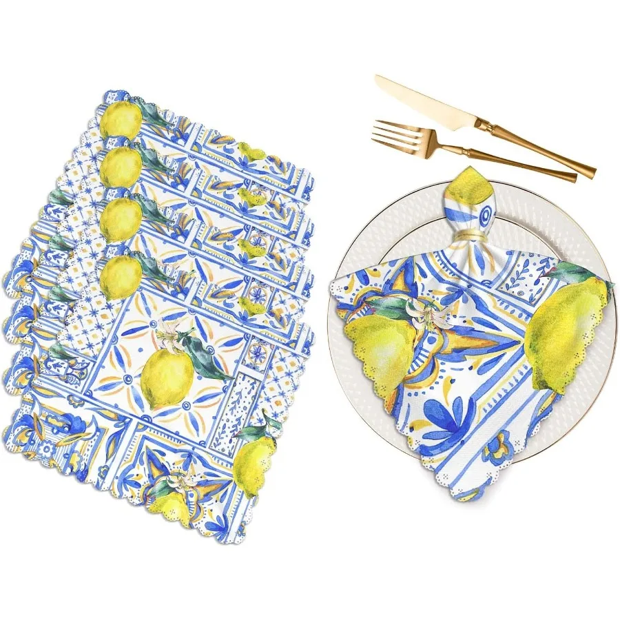 

Акварельные тканевые салфетки с лимонным орнаментом, салфетки для обеденного стола, фрукты, нарисованные вручную, желтая и синяя текстура с принтом, летняя моющаяся Реу