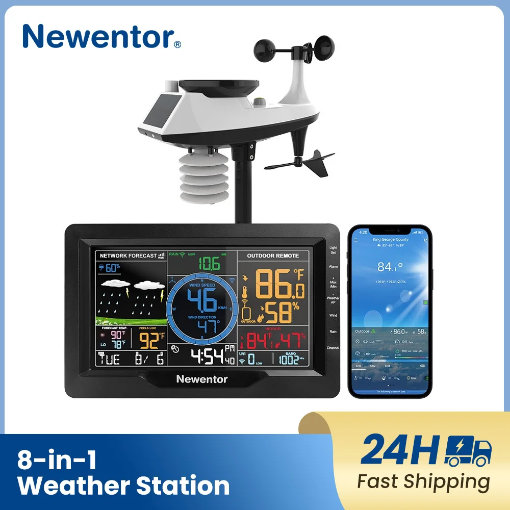 Multifunktions-Wetterstation, 8-in-1-Temperatur- und Luftfeuchtigkeitsuhr, Windgeschwindigkeit und Pluviometer, Wettervorhersage mit Außensensor