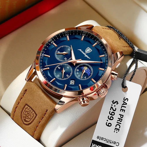 Reloj POEDAGAR de cuero genuino para hombre, cronómetro con calendario luminoso a la moda, reloj masculino resistente al agua con fase lunar, reloj de pulsera de cuarzo para hombre