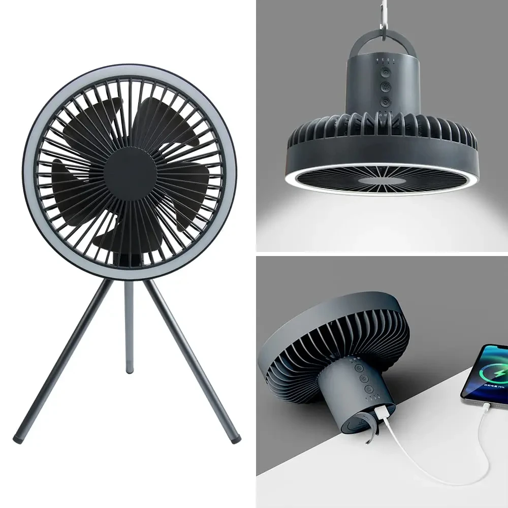 10000mAh Portable Camping Fan, Wireless Rechargeable Ceiling Desktop Fan with LED Light & Power Bank Function