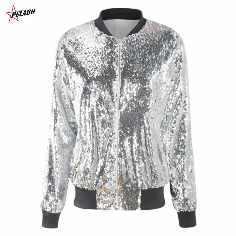 PULABO Fashion Women Sequins Coat Bomber Jacket Long Sleeve Zipper Streetwear Casual Loose Glitter Outerwear Female spring Coats