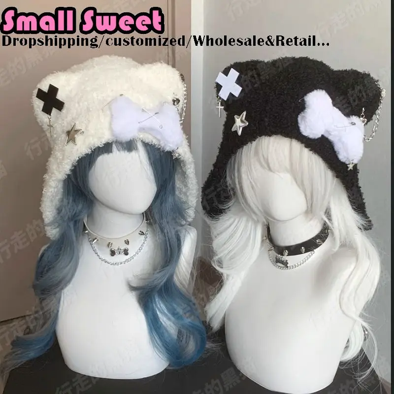 Gothic Grunge Cat Ear Y2K Beanie Hat Harajuku Punk Cross Chain Knitted Hat Women Winter Warm Chic Streetwear Hat Matching Choker