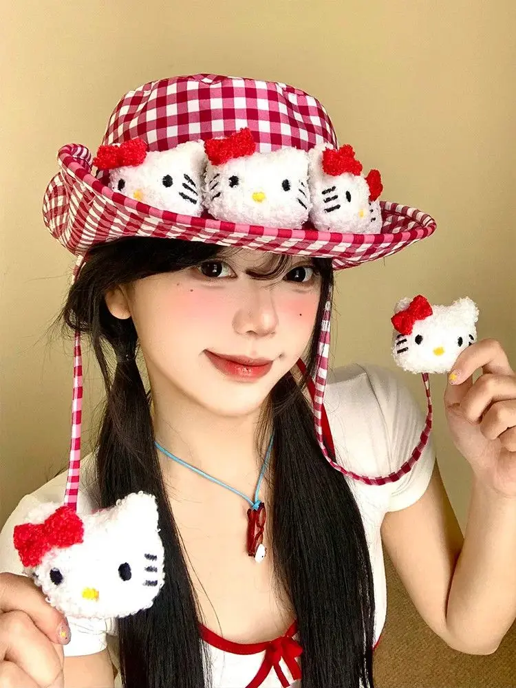 

Зимняя шапка Sanrio Hello Kitty для девочек, теплая, с мультяшным рисунком, в стиле каваи, с плюшевым воротником, корейская версия, с бантом, подарок, Y2K
