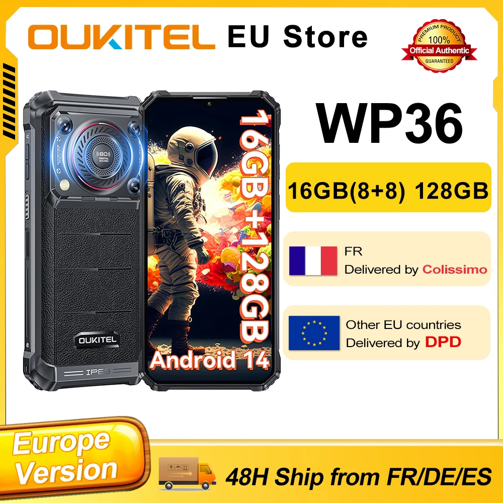 OUKITEL WP36 Android 13 tlphone robuste 16GB(8 + 8) RAM 128GB ROM 10600mAh 128dB haut-parleur 6.52 ''HD + affichage 13MP NFC Smartphone