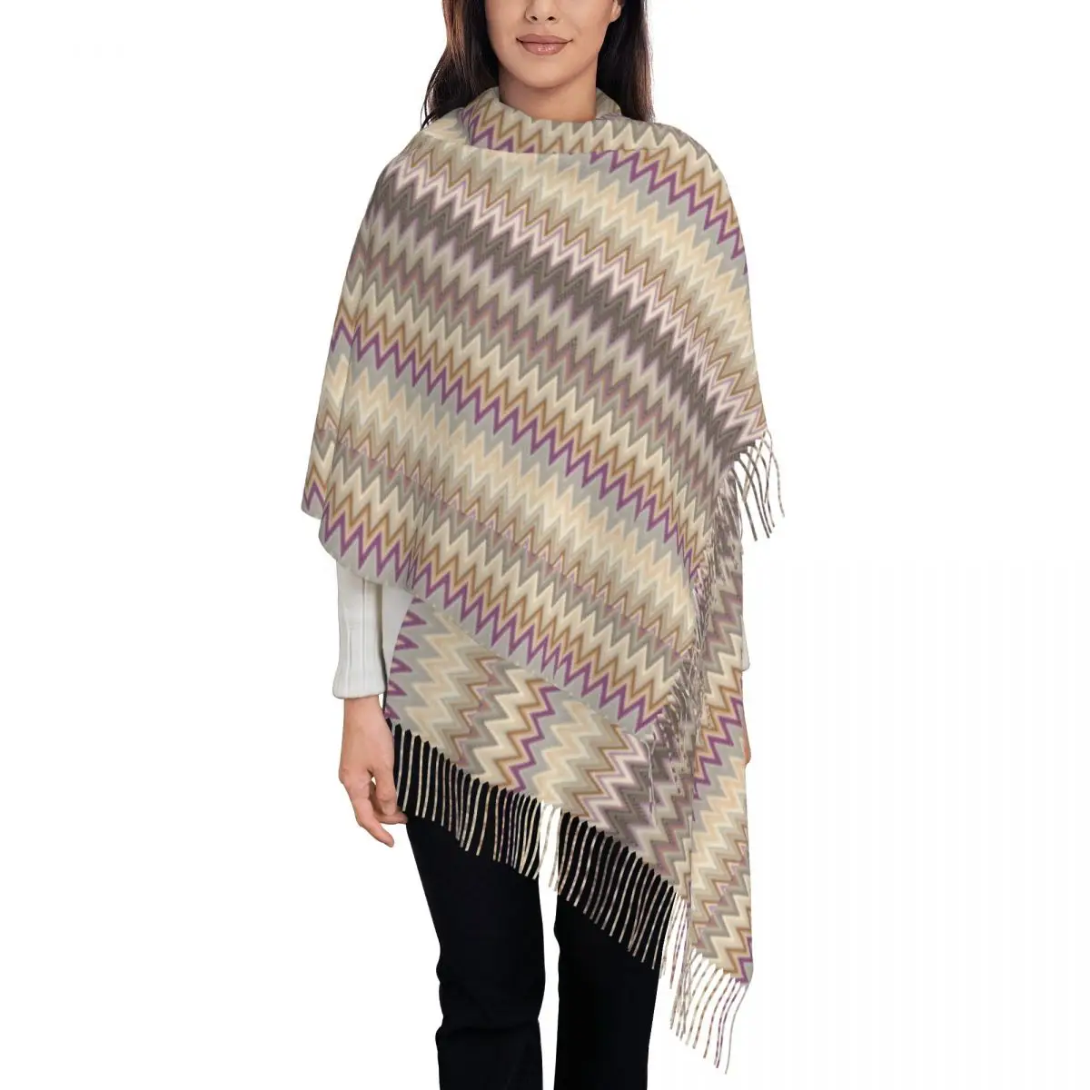 

Современный зигзагообразный шарф с геометрическим рисунком, женский длинный зимний теплый шаль с кисточками, унисекс, богемные шарфы