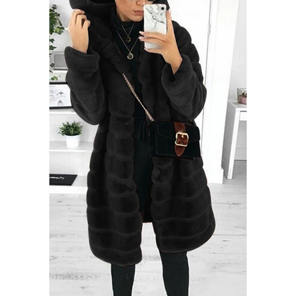 Plus Size Daily White Plush Thickened Hooded Faux Fur Long Winter Coat