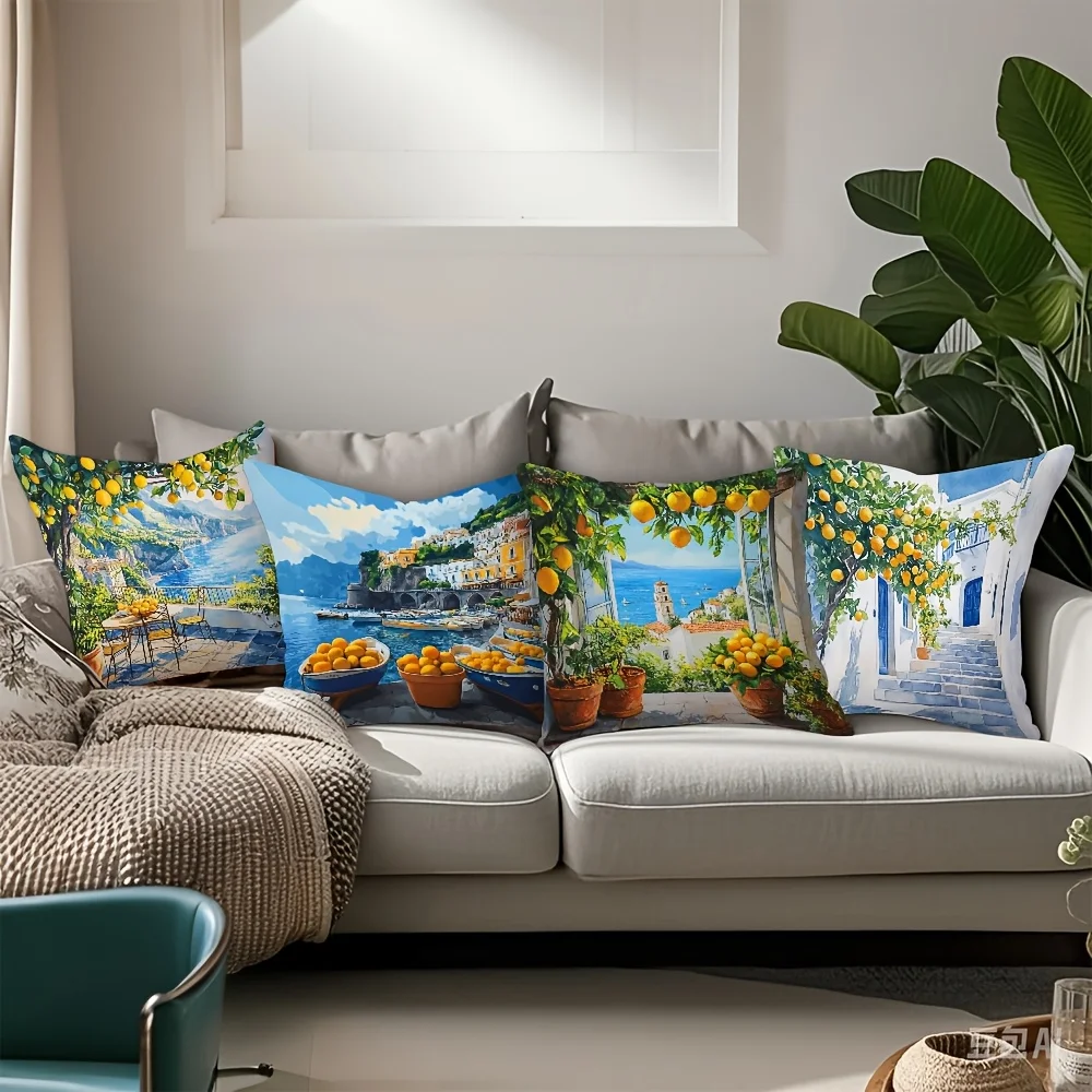 Vibrant Mediterranean Lemon Greece Coastal Art Print Pillow Cover Set 4pcs Summer Throw Pillowcase Decor 40x40cm