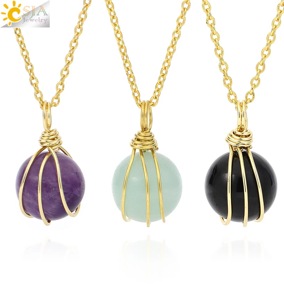 CSJA Wire Wrapped Crystal Necklace Reiki Energy Natural Stone Pendant Round Shaped Amethyst  Rose Quartz for Women Jewelry H770