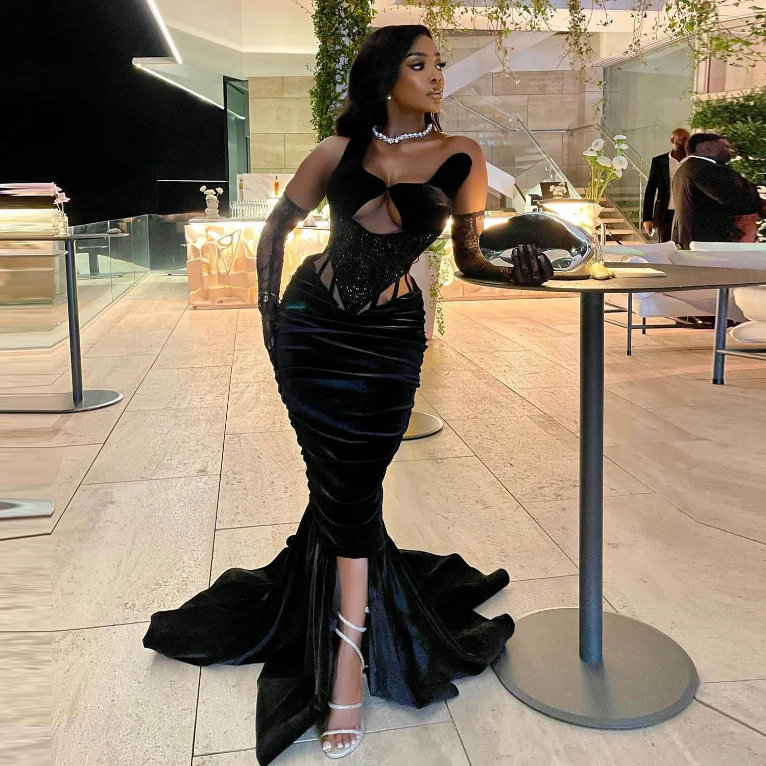 Velvet Mermaid Prom Dresses With Detachable Sleeves Wedding Party Gowns Slit vestidos de noche Aso Ebi Women Evening Dress