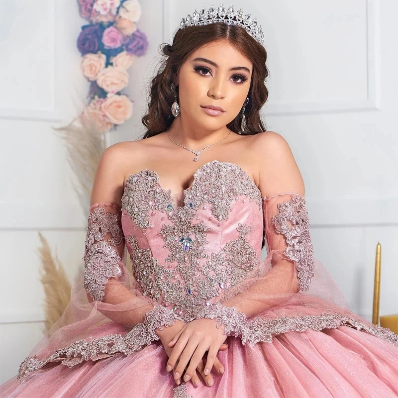 فساتين الأميرة المتلألقة Quinceanera ، ثوب الكرة الوردي ، يزين حبيبته تول ، 16 فستان حلو ، 15 سنة