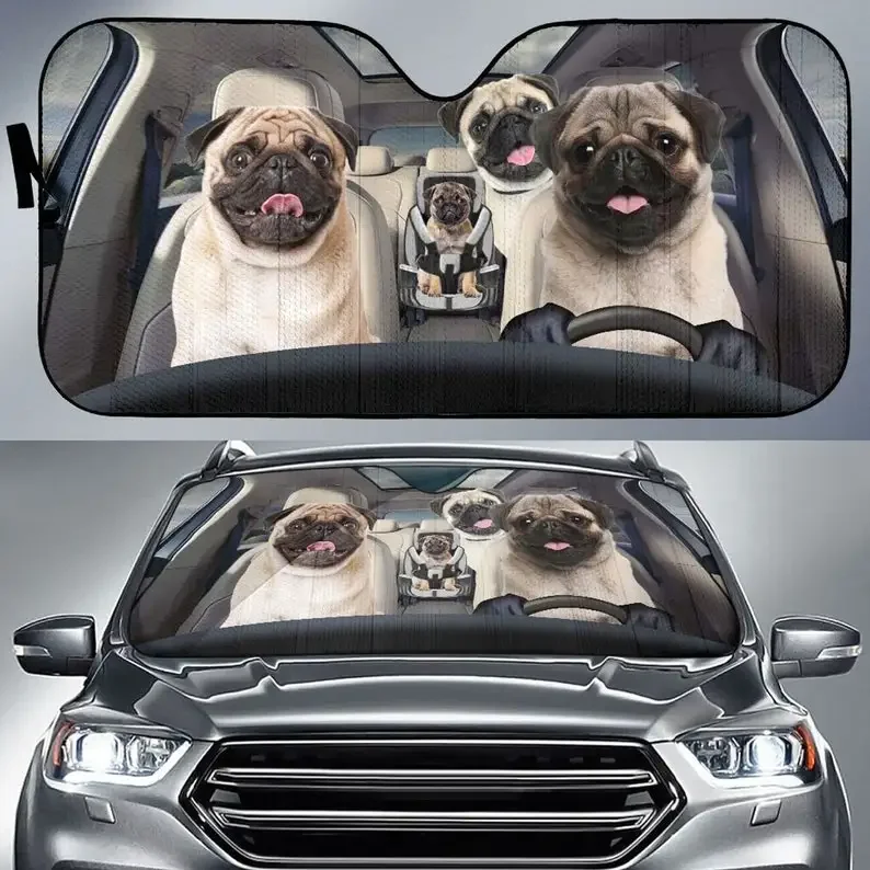 Personalizado Auto Sun Shade para Pug, Presente personalizado, Padrão animal, Estilo engraçado para carro, Família Pug