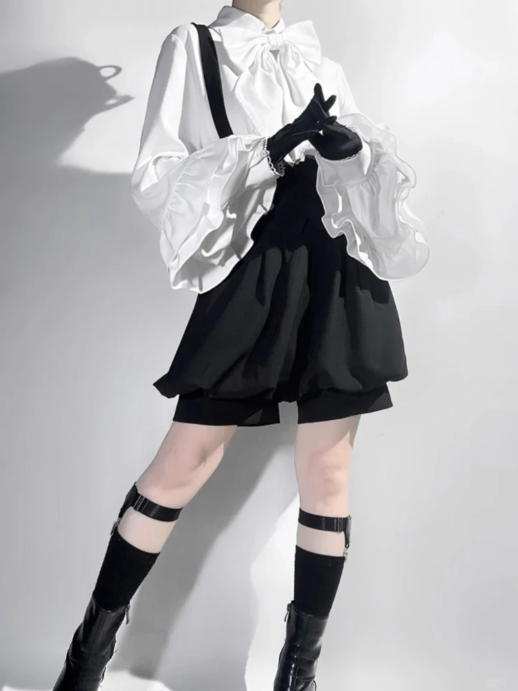 2000s Aesthetic Elegant Lolita Y2k 3 Piece Set Women White Blouse+ Black Shorts+ Fairy Dress Female Japanese Gothic Retro Suit