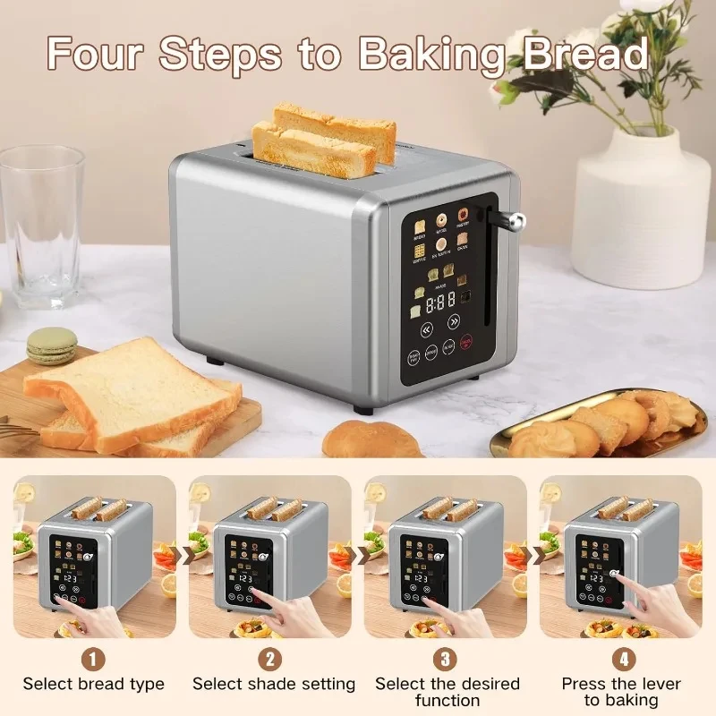 Touch Screen Toaster 2 Slice Stainless Steel Digital Timer Toaster with Sound Function 6 Bread Types & 6 Shade Settings