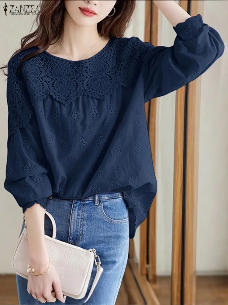 

ZANZEA 100% Cotton Blouse Women Fashion Lace Shirts 2025 Autumn Long Sleeve Solid Color Hollow Out Elegant Office Lady Blusas