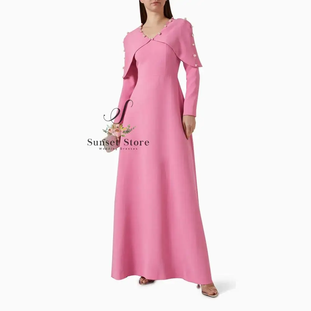 

Customized Simple Dusty Pink V-Neck A-LINE 2025 Slim Crepe With Pearls Long Sleeves Ocassion Gown Ankle-Length Formal Evening