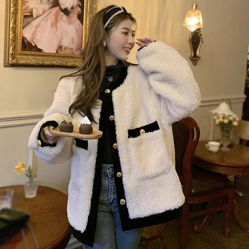 Loose Women\'s Fleece Overcoat Autumn Winter O-Neck Single Breasted Berber Overcoat Korean Version All-match Elegant Style Jacket