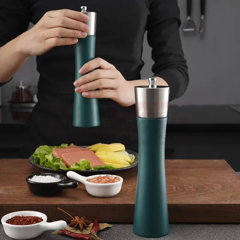 304 Stainless Steel Pepper Grinder New Green Pepper Mill Ceramic Core Slender Waist Style Manual Salt Black Pepper Grinder Tool