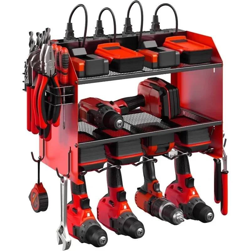 Modular Power Tool Organizer Wall Mount with Charging Station. Garage 4 Drill Storage Shelf with Hooks, Screwdriver,