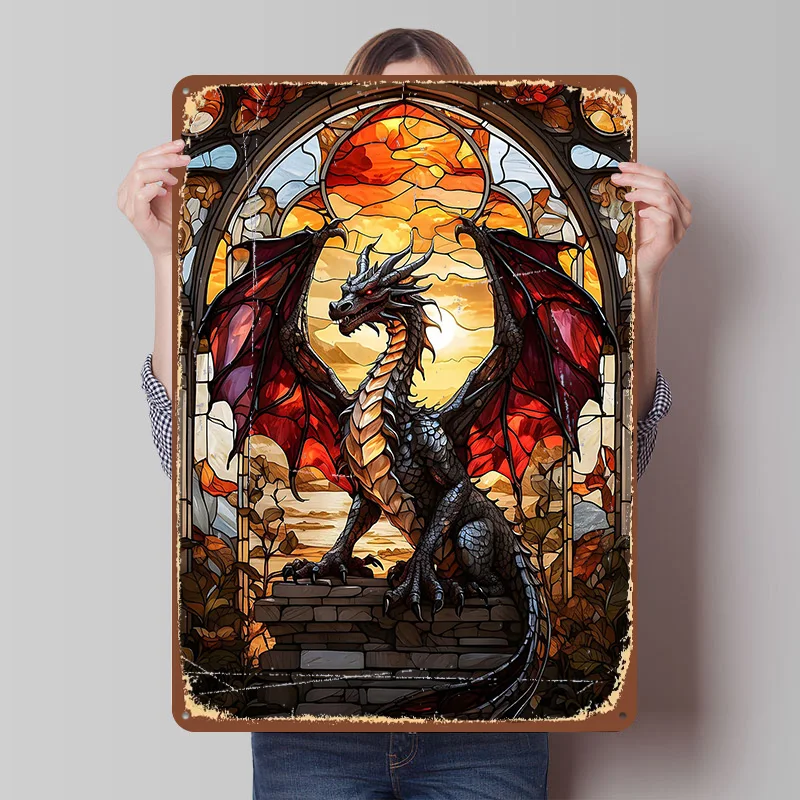 Leuchtender Drache Blechschild Poster Individualisierte Wandkunst Vintage Metallschilder Retro Blechplakette für Schlafzimmerdekoration Schreibtischdeko