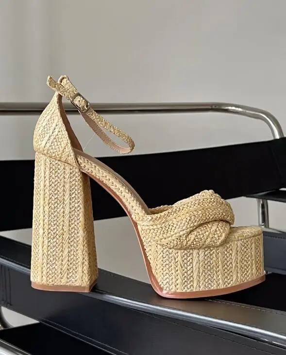 

Beige Raffia Peep Toe Pumps Platform Sandals Chunky Heeled Ankle Strap Women High Heel Open Toe Summer Shoes