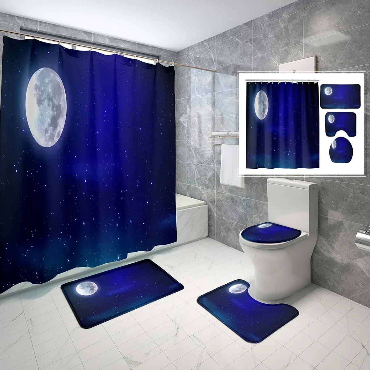 

4 Pcs Moon Shower Curtain Set Sky Super Full Moon Shower Curtain Bathroom Non-Slip Bath Mat Toilet Cover Shower Curtain Set