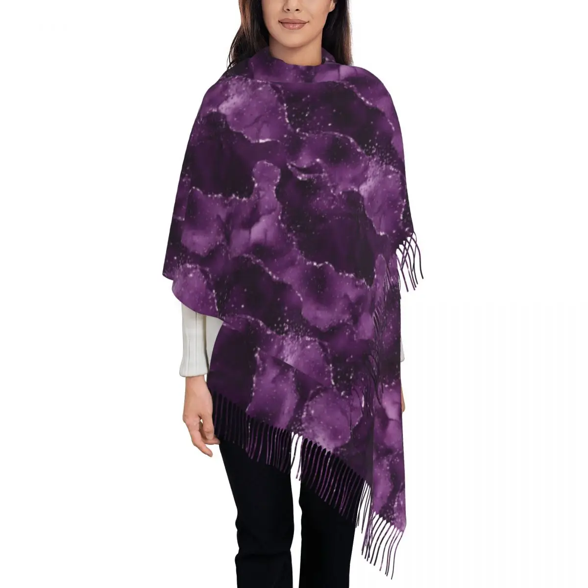 Marble Scarf Unisex Moody Purple Agate Scarves Wraps with Long Tassel Autumn y2k Cool Shawls Wrpas Warm Soft Printed Foulard