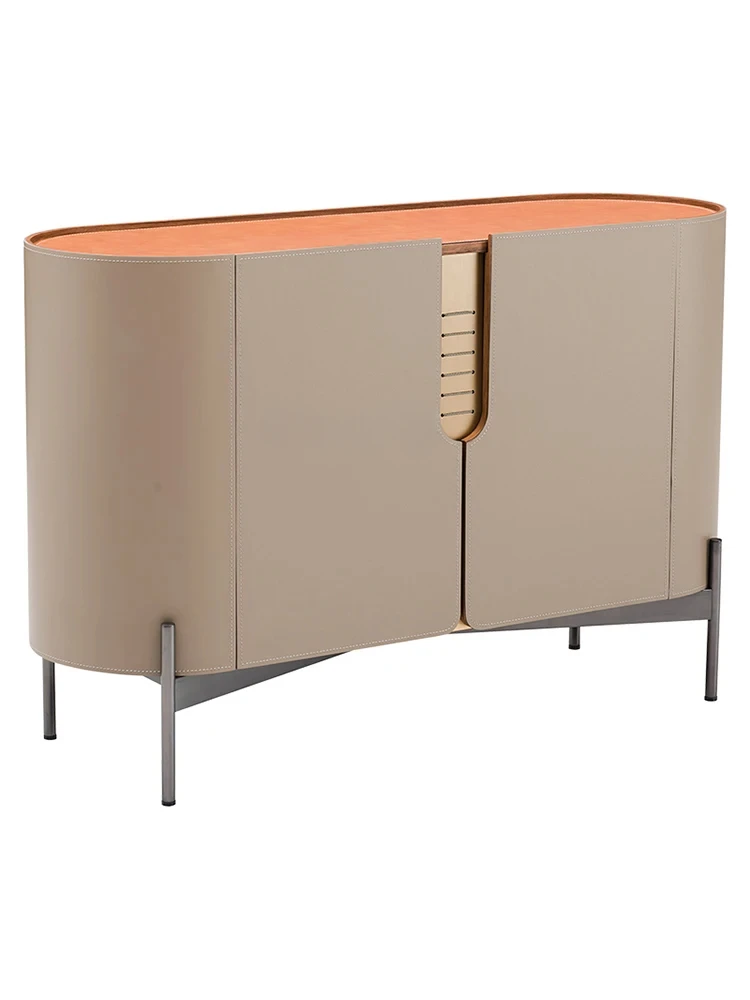 

Italian Minimalist Sideboard Cabinet Double Door Saddle Leather Rounded Corner Locker Modern Light Luxury Dining Room Furniture