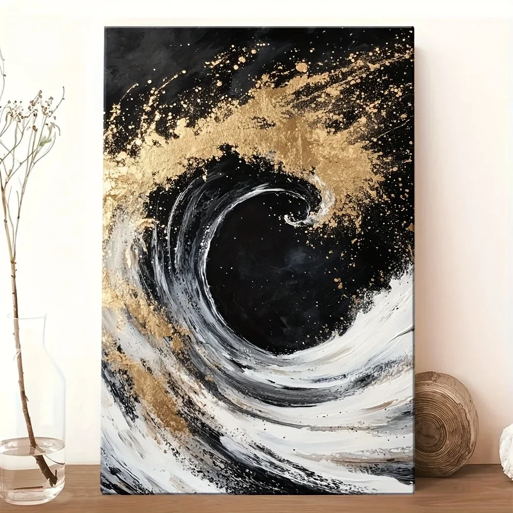 Hand Abstract Wave Canvas Art Poster, Black and White Modern Noframed Oil Painting, Suitable for Living Room and Hotel Decortive