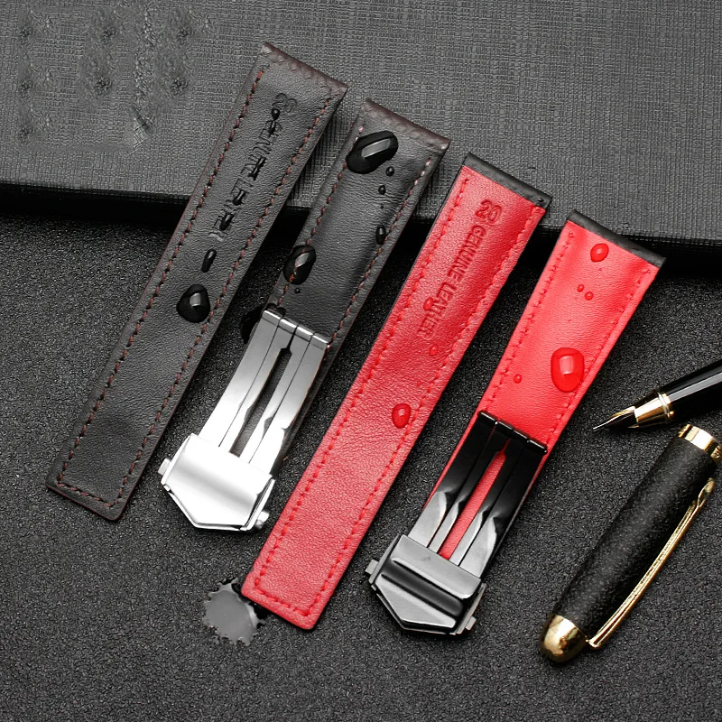 Carbon fiber texture genuine leather bottom watchband For TAG wristband men\'s black with red line strap 20mm with folding buckle