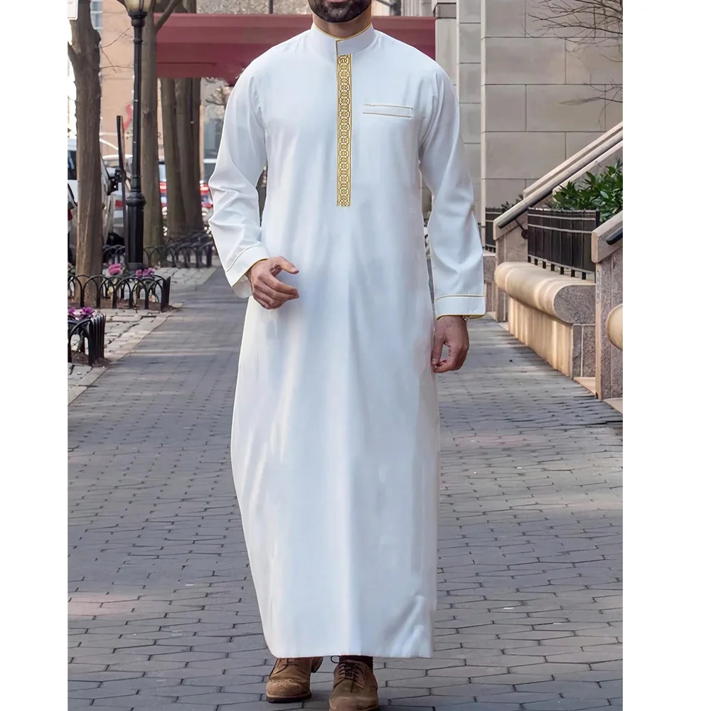 Dishdasha Uomini Musulmani Abito Lungo Jubba Thobe Abaya Ricamo Kimono Islamico Dubai Salita Abaya Preghiera Caftano Ramadan Marocco 2025