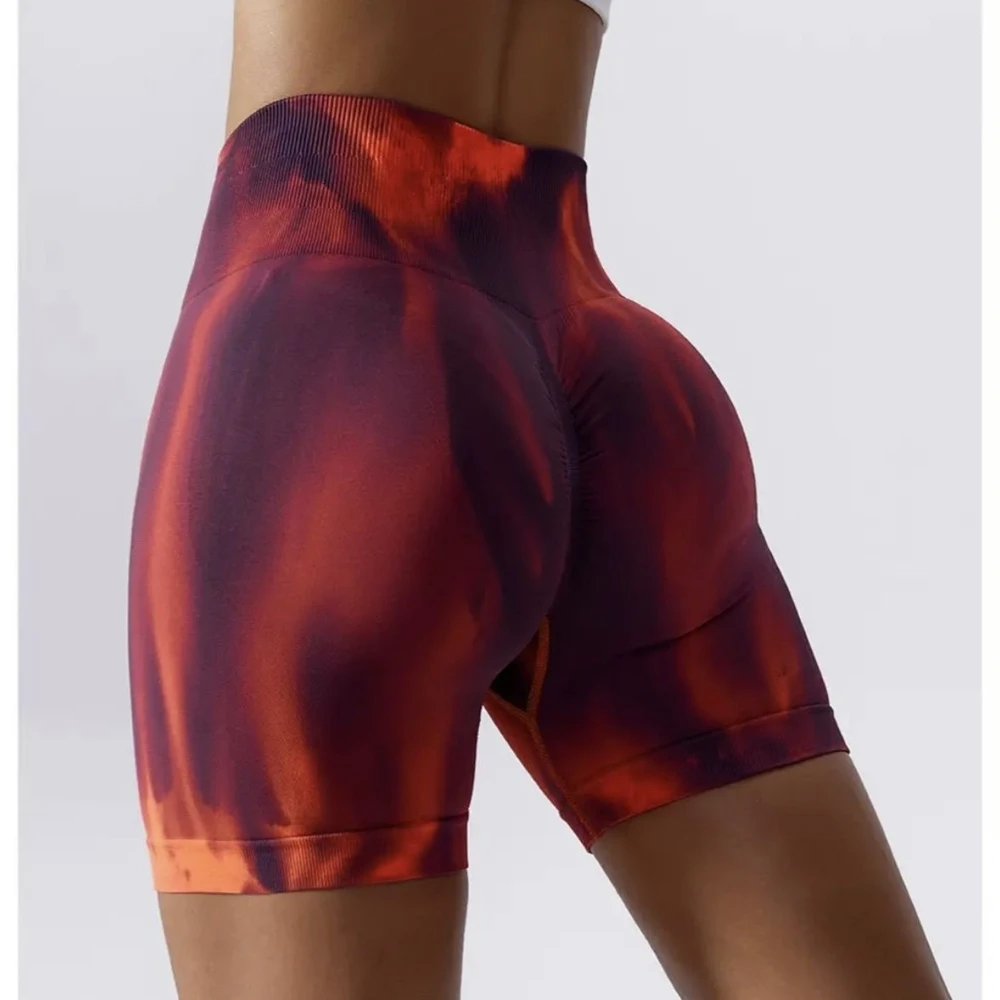 Damen Auroral Batik Yoga-Shorts Nahtlose Fitness-Kurzhose Hochgeschnittene Hüftliftende Sport-Tights Sexy Pfirsich-Shorts