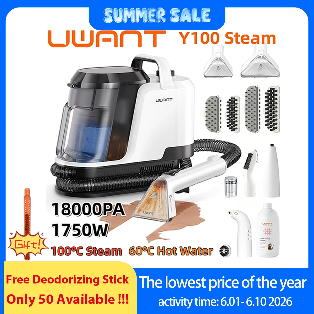 Uwant Y100 Steam 18000Pa Odkurzacz parowy do dywanów 1750W 100 ° C Steam 60 ° Czyszczenie na gorące wodę, samooczyszczające się, wielofunkcyjne urządzenie do sof, samochodów, butów, sierści zwierząt