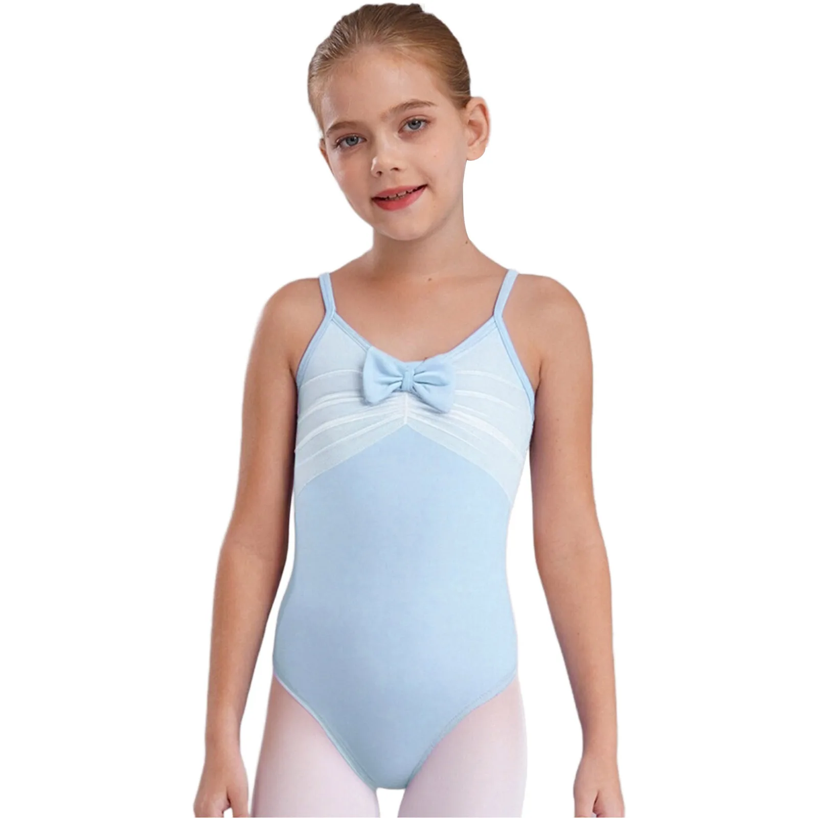 

Kids Girls Bowknot Ruched Mesh Overlay Ballet Dance Leotard Spaghetti Straps Backless Gymnastics Dance Performance Bodysuits