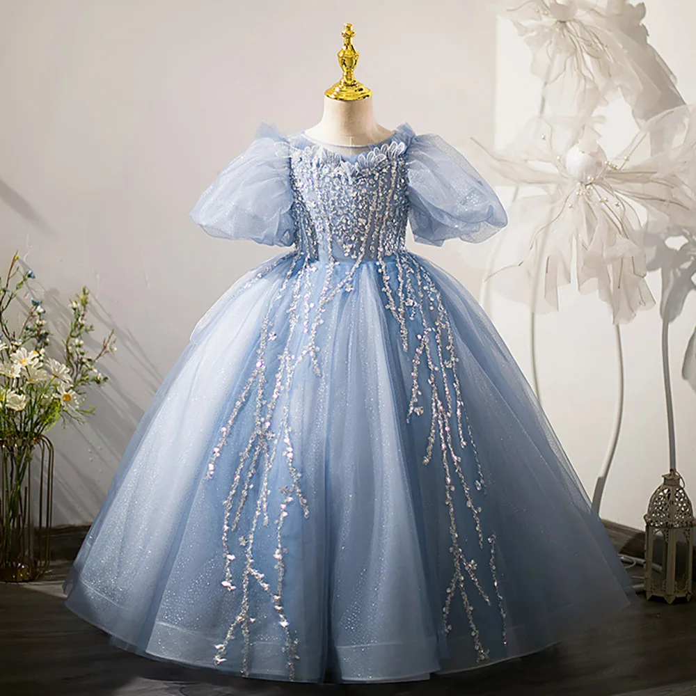 Children's Wedding Party Dress Sequined Beading Flower Girl Princess Dress Short Puff Sleeve Kids Ball Gown Party Costume