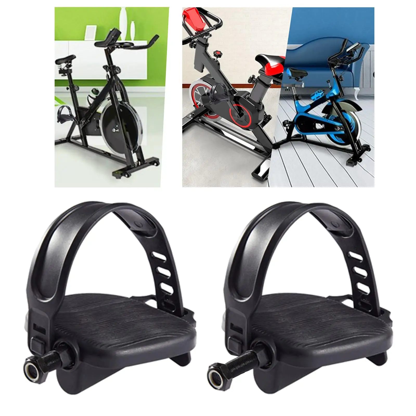 Exercise Bike Pedals Carbon Steel Fitness Bicycle Pedal Parts Anti Slip with Straps for Indoor Home Gym