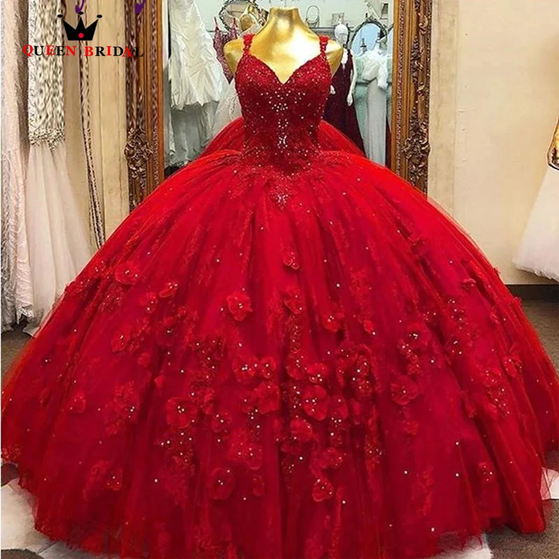 

Red Lace Quinceanera Dresses Mexican Tulle Sequin Flowers Ball Gown Princess Sweet 16 Spaghetti Strap Sweetheart Prom Dress ED25