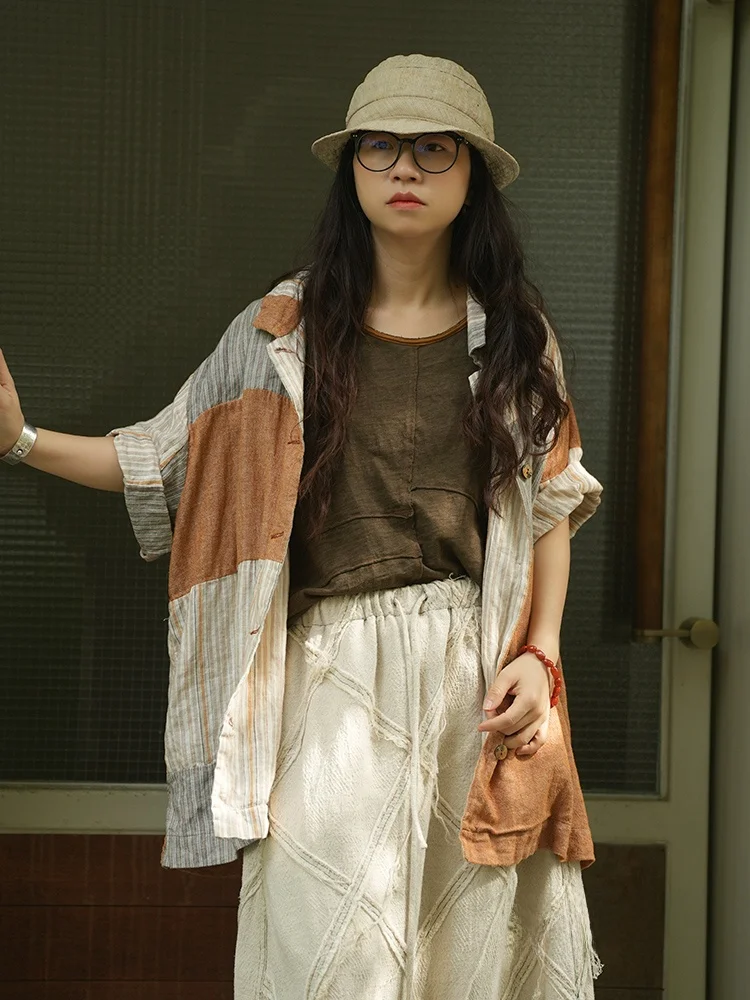 

Loose Fit Pure Linen Short Shirt Vintage Artistic Casual Style Spontaneous Patchwork Breathable Comfortable Women's Shirt