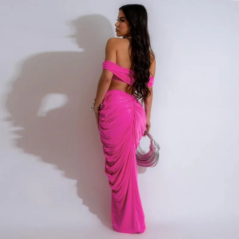 Sexy Party Night Ruched Maxi Dress Sets for Women Two Piece Set Club Rave Outfits Slash Neck Crop Top + Long Skirt Matching Sets