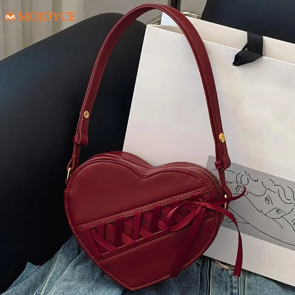 New Ribbon Love Bag PU Leather Crossbody Bag for Girl Heart Shape Shoulder Bag Solid Chic Hobo Bag Women's Bag Versatile Handbag