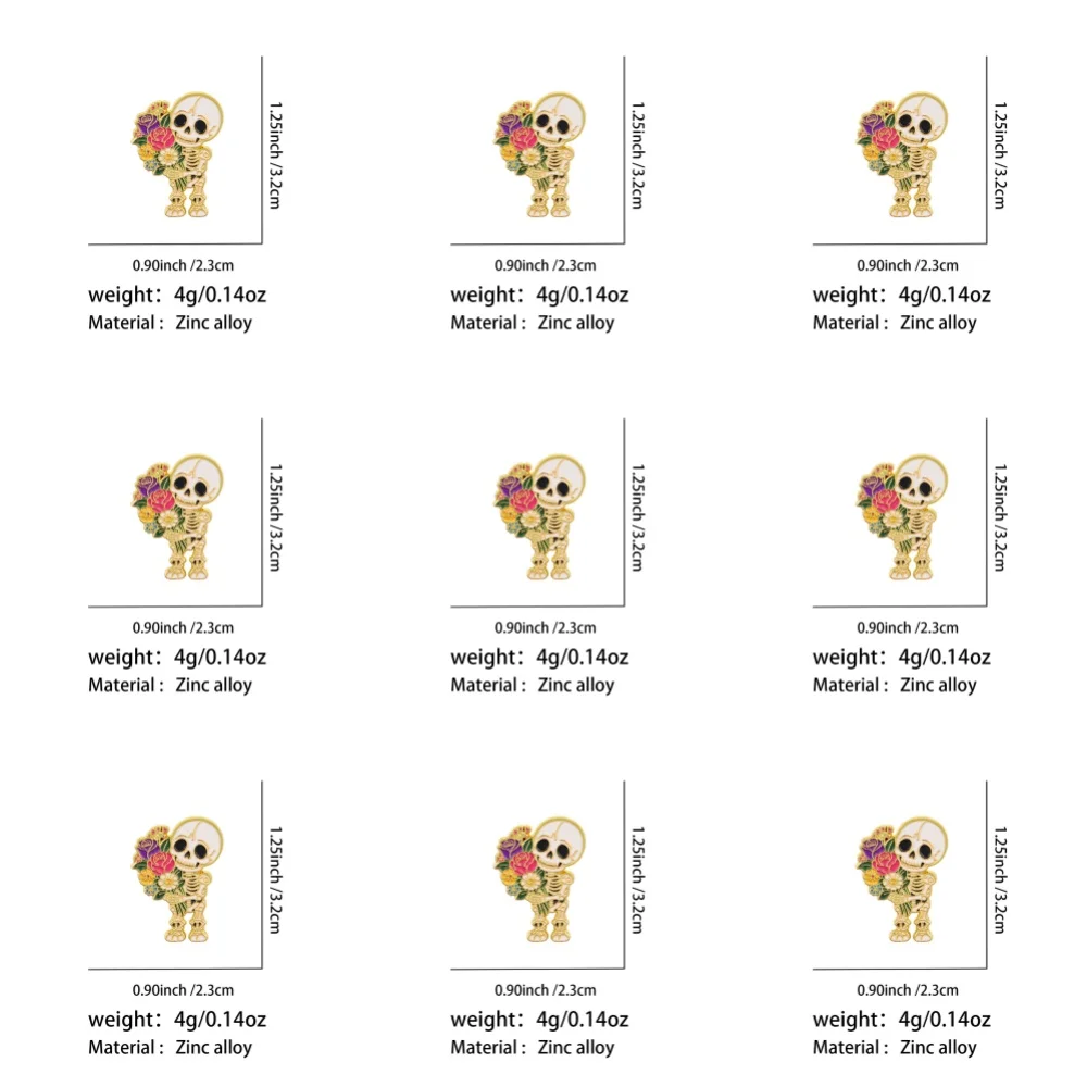 9 Stück Skelett mit Blumenstrauß Emaille-Pins, Totenkopf-Blumen-Metallbroschen, Abzeichen für Rucksack, Kleidung, Dekoration, Accessoires, Geschenk – Detail 2