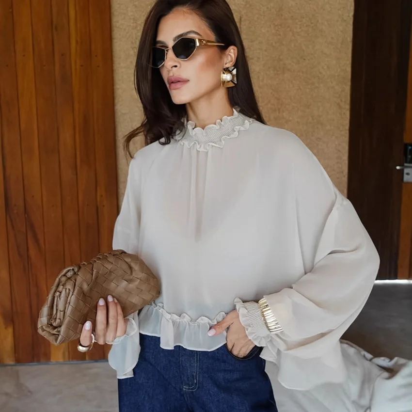 

Женская осенняя шифоновая блузка с круглым вырезом, пуловер с рукавами «летучая мышь», свободная женская рубашка, универсальная рубашка в Instagram-стиле для женщин